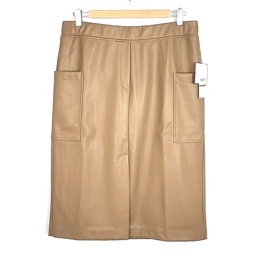 Laundry by Shelli Segal Caramel Tan Midi Slip On Skirt Stretch Side Pockets Sz L - Picture 1 of 10
